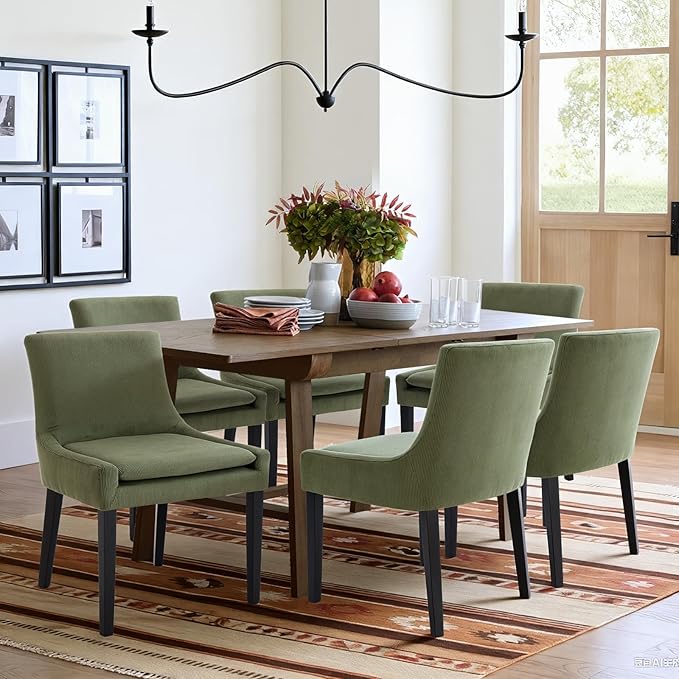 Modern Dining Chairs Set of 6, Upholstered Corduroy Dining Room Chairs with Wood Legs, Mid-Back Padded Kitchen Side Chairs for Dining Room, Green