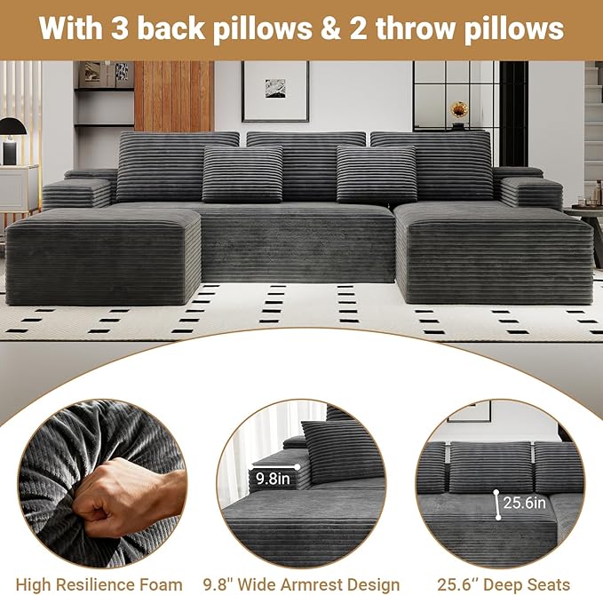 KAPEETOO Modular Sectional Sofa Cloud Couch with Right Chaise Longue, U Shaped Boneless Couch with Ottoman Deep Seat, Oversize 3-Seater Boneless Sofa Set for Living Room Bedroom (Grey)
