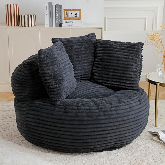 Bean Bag Chair, Corduroy Oversized Chair for Adults, Comfy Big Accent Sofa Lounge Floor Chair, Stuffed Bean Bag Couch for Gaming, Reading, Living Room, Bedroom, Black