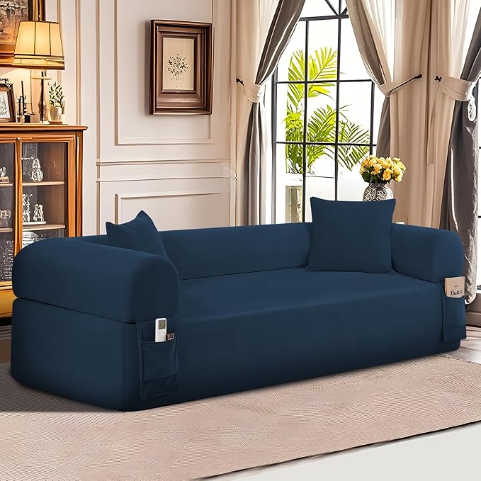83" Boneless Couch, 3 Seater Sofa with 2 Matching Pillows Compact Corduroy Couches for Living Room Side Storage Pockets, Floor Sofa with Removable Armrests, No Assembly Required, Blue