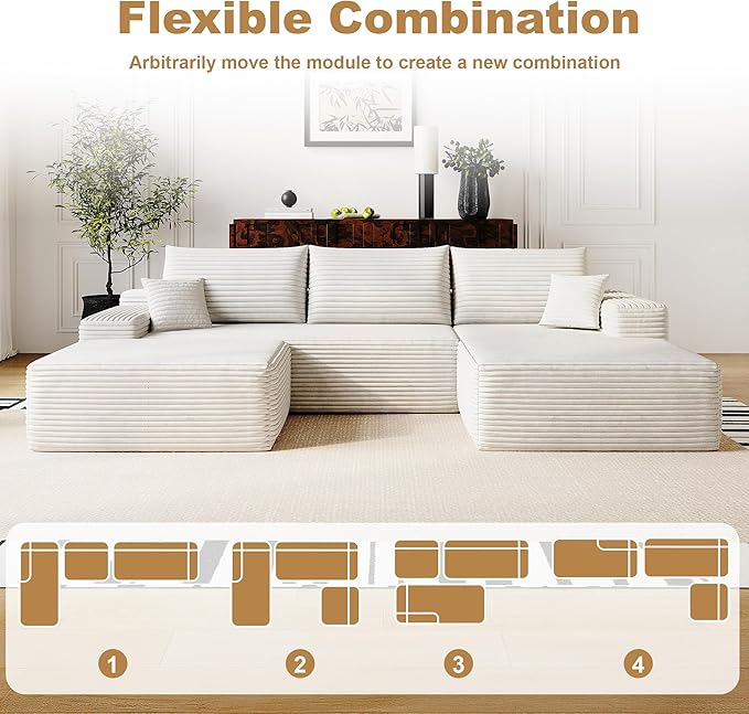 AUGOP 108" Sectional Couches for Living Room Modern Modular Sofa with L-Shape Couchs Upholstered Boneless Couch Deep Seat Sectional Couch with Chaise (White, Right Facing Chaise+2Seaters+1Ottoman)