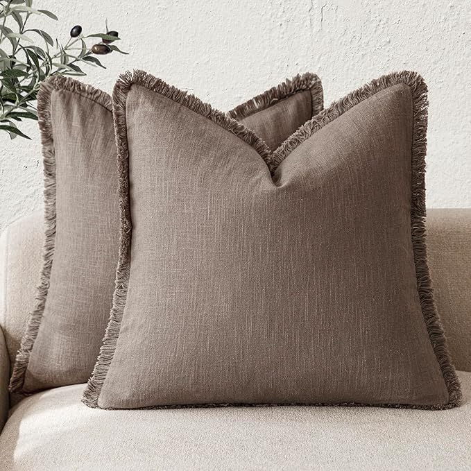 Foindtower Set of 2 Decorative Linen Fringe Throw Pillow Covers Cozy Farmhouse Cushion Cover with Tassels Accent Pillowcase for Couch Chair Sofa Bed Living Room Home Decor,18×18 Inch,Light Coffee