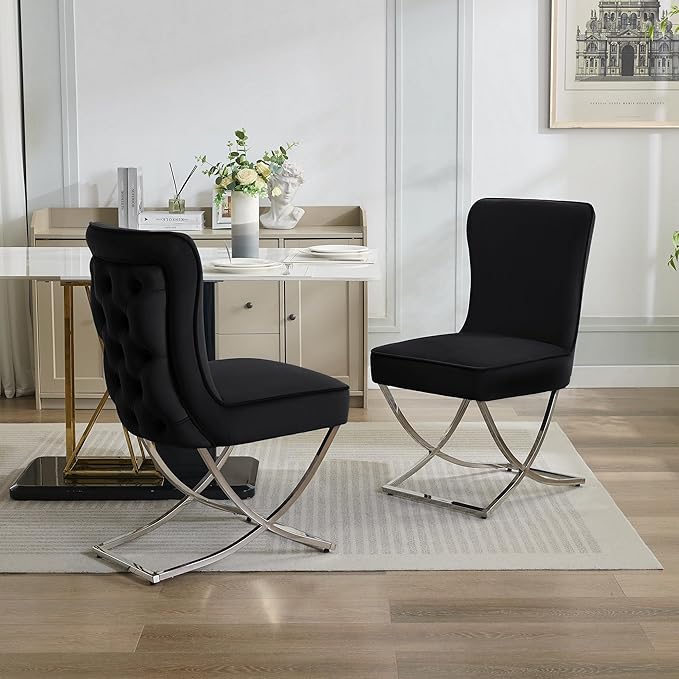WUTUTUEE Luxury Velvet Dining Chairs, Tufted Upholstered Armless Accent Chairs with Silver Metal X-Legs, Modern Glam Dining Room Chair Set of 6, Black