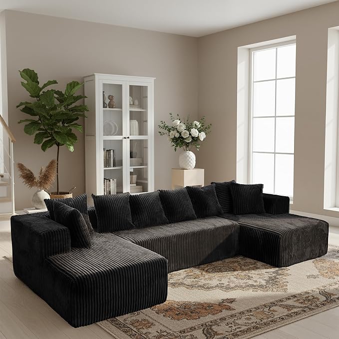 130" Boneless Couch, Cloud Couch Sectional, Corduroy Sofa for Living Room, U Shaped Modular Sofa with Chaise, No Assembly, 4 Seats Oversized (Black)
