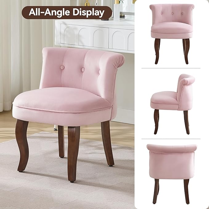 WUTUTUEE Velvet Tufted Vanity Chair with Back, Upholstered Mid Century Vanity Stool with Solid Wood Legs, Small Makeup Chair for Vanity, Accent Chair for Bedroom, Living Room, Pink