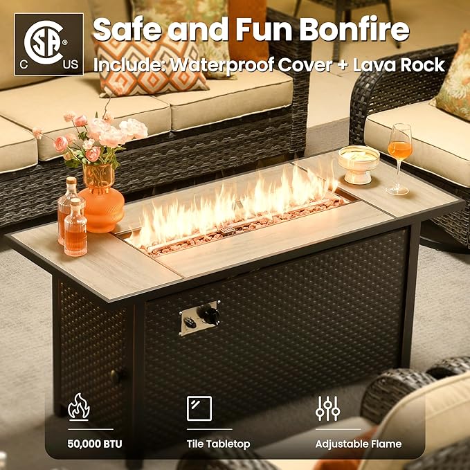 ovios 10 Pieces Patio Furniture Set, Outdoor Wicker Sofa Couch with Rocking Swivel Chairs Solar Light Table Fire Pit, Modern Deep Seat Rattan Conversation Sets, Beige