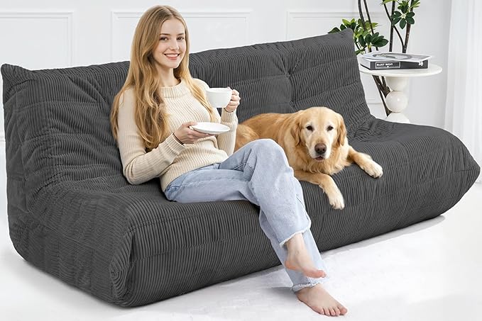 Bean Bag Chair,Giant Beanbag Chairs for Adults,Comfy Large Fireside Chair Lazy Sofa,Corduroy Bean Bag Lounger with Memory Foam Filled,Floor Sofa Couch for Living Room (Dark Grey, 3-Seater)