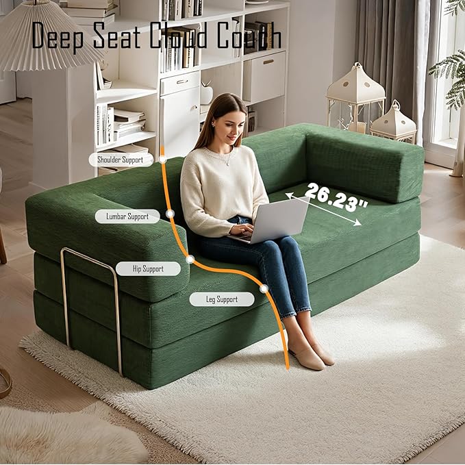 79 Inch Convertible Sofa Bed Couch in Box, 5 in 1 Folding Modular Boneless Couch with Pull Out Bed 2 Pillows, Soft Corduroy Floor Futon Lounge Loveseat Sleeper Lazy Cama No Assembly Green