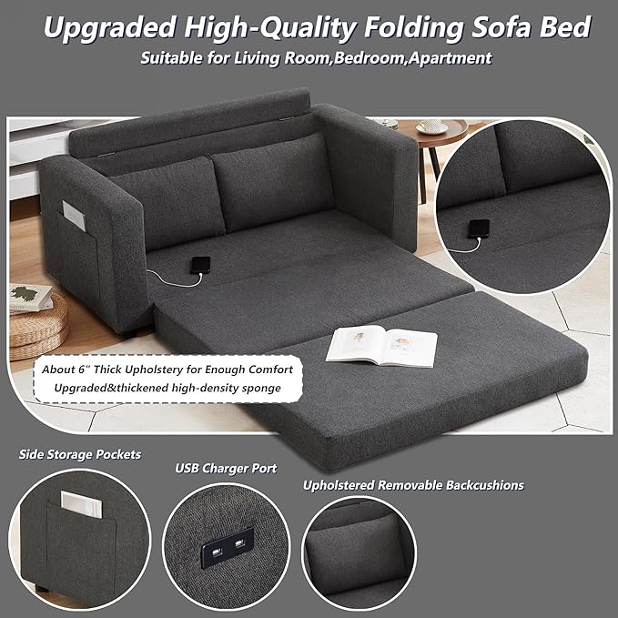 Chorlenimi Convertible Sofa Bed Comfy Linen Sleeper Sofa with Storage Pockets,USB Charging Port,Futon Floor Couch for Living Room,Bedroom,Apartment(Grey, 48 Inches)
