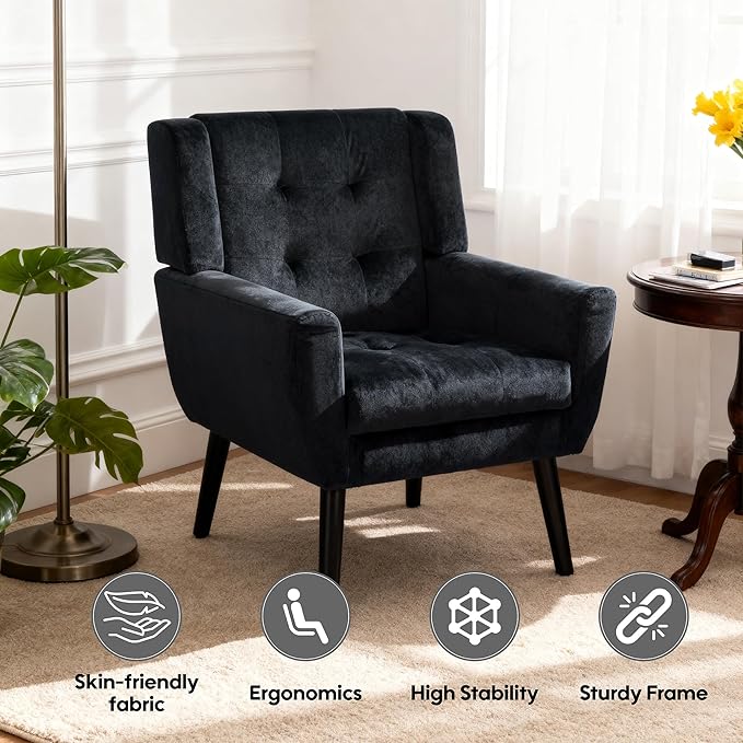 OO BY ORANGE ONLINE Velvet Accent Chair, Mid-Century Modern Tufted Armchair for Living Room, Bedroom & Office (Black)