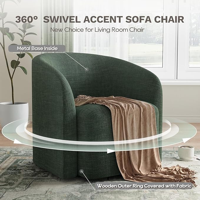 COLAMY Swivel Accent Chair, Barrel Chair with Armrest, Comfy Round 360°Mondern Armchair, for Living Room/Bedroom/Waiting Room, No Assembly, Green