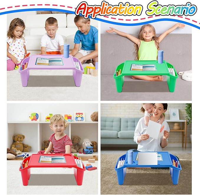 4 Pack Kids Lap Desk Tray with Storage Slots, Portable Lap Desk, Activity Tray, Plastic Breakfast Laptop Trays, Drawing, Stackable, Writing, Eating, Classroom, 21.65" L x 11.8" W x 8.46" H