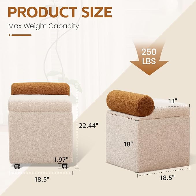 Boucle Vanity Chair with Storage, Swivel Vanity Stool with Safety Hinge, Upholstered Makeup Chair with Wheels, Square Ottoman Stool for Living Room, Dressing, Bedroom, Beige