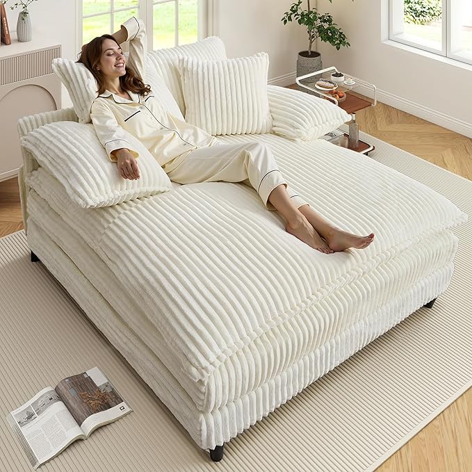 54.8" W Oversized Chaise Lounge Chair Indoor with 5-Position Adjustable Backrest, Corduroy Sleeper Sofa Bed with 3 Pillows, Modern Cloud Couch Chair for Living Room, Bedroom, Beige