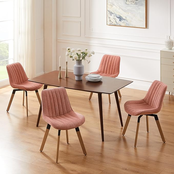 Art Leon Dining Chairs Set of 4, Mid Century Modern Swivel Dining Room Chairs, Fabric Upholstered Armless Side Chairs with Wood Legs for Kitchen Living Room Bedroom, Rose