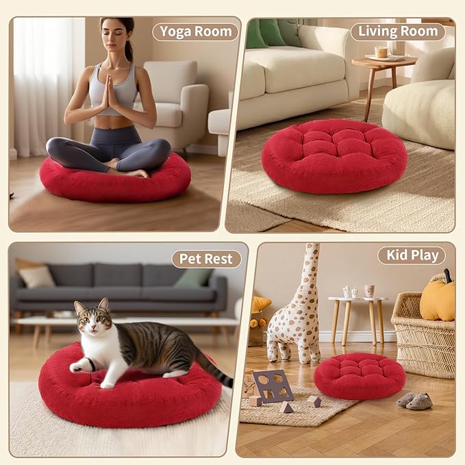 Meditation Floor Pillow, 2 Pack Round Floor Cushions for Adults, Button Tufted Seat Cushions for Yoga Tatami Living Room, Wine Red, 22 x 22 x 4 in