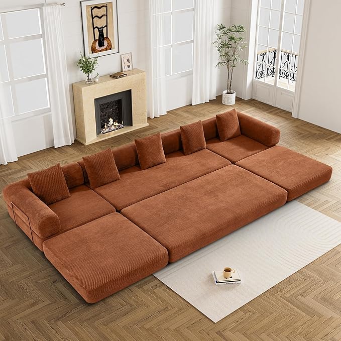 DAMAIFROM 157" Convertible Sleeper Sofa Bed Set with Pillow, 4-in-1 Corduroy Folding Mattress Boneless Couch with Fixed-Shape Frame, Fold Out Floor Sofa Cama Lounge Couch for Living Room, Orange