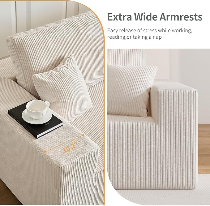 Boneless Cloud Sectional Couch for Living Room, Compressed Modular L-Shaped Sofa with Deep Seat, Frameless Corduroy Couch in Boxes, No Assembly Required, Beige Middle