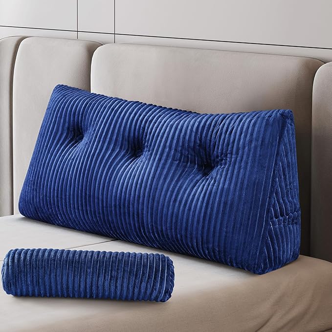 Z-hom Large Wedge Pillow Headboard, Twin Triangular Headboard Pillow, Reading Pillow Standard Bed with a Roll Pillow for Bed Sitting Up Sleeping, Backrest Cushion Headboard Gap Pillow for Back, Blue
