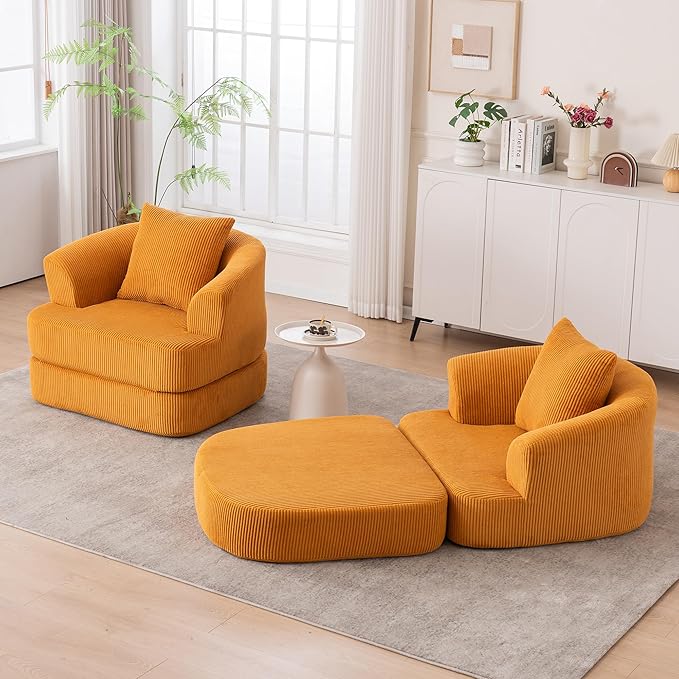 41" Convertible Sleeper Chair, Convertible Couch Bed with Backrest and Pillow, Corduroy Oversized Armchair for Adults, Comfy Sleeper Chair Bed for Living Room, Bedroom, Home Office, Yellow