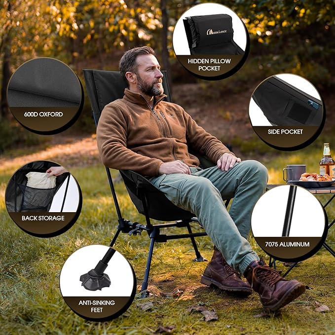 MOON LENCE Oversized High Back Camping Chair for Adults, Height Adjustable Folding Camping Chair with 400 lbs Capacity, Hidden Pillow Pocket and Wide Seat for Camping, Hiking, Picnics, Black