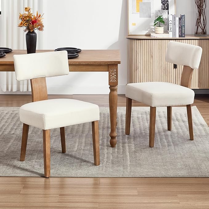 KHISCHMO Mid Century Modern Dining Chairs, Upholstered Linen Fabric Chairs with Curved Backrest and Wood Legs, Comfy Kitchen Vanity Chairs for Dining Room/Living Room/Kitchen, Set of 6 Beige
