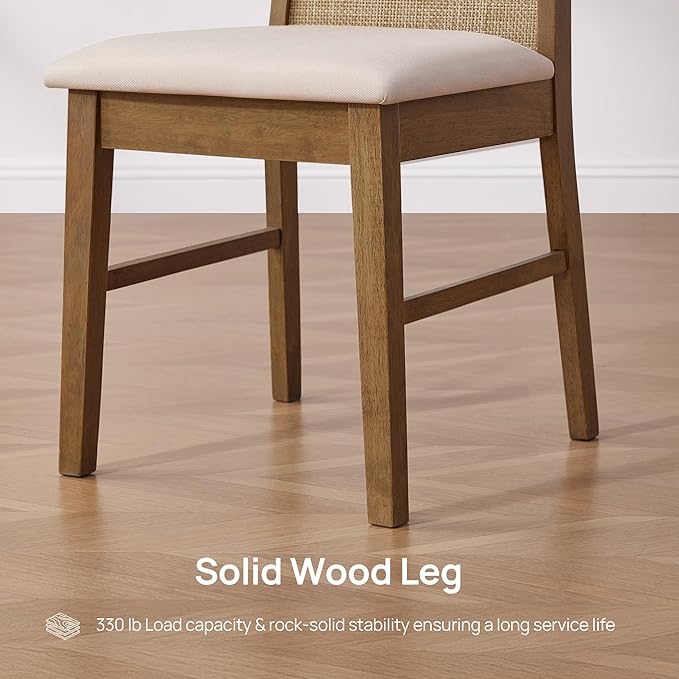SICOTAS Wood Dining Chairs Set of 2 - Rattan Dining Room Chairs with Solid Wood Leg, Farmhouse Upholstered Kitchen Chairs High Back, Modern Armless Dining Chair for Dining Room, Kitchen, Oak, 2PCS