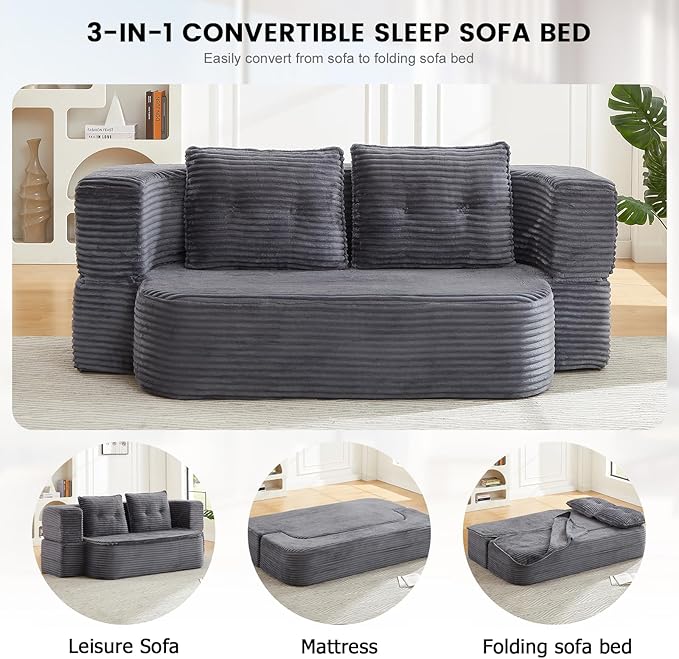 78.4" Convertible Sleeper Sofa Bed, Floor Couch Loveseat with Functional Blanket and 2 Soft Pillows,Corduroy Fabric Boneless Futon Couch for Living Room,Bedroom,Apartment (Dark Grey)