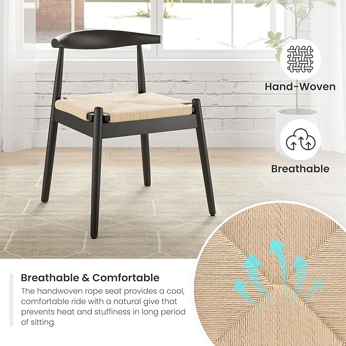 Farini Mid Century Modern Dining Chairs Set of 4, Solid Wood Frame Kitchen Chairs with Woven Upholstered Seat for Dining Room & Breakfast Nook,Black-Beige