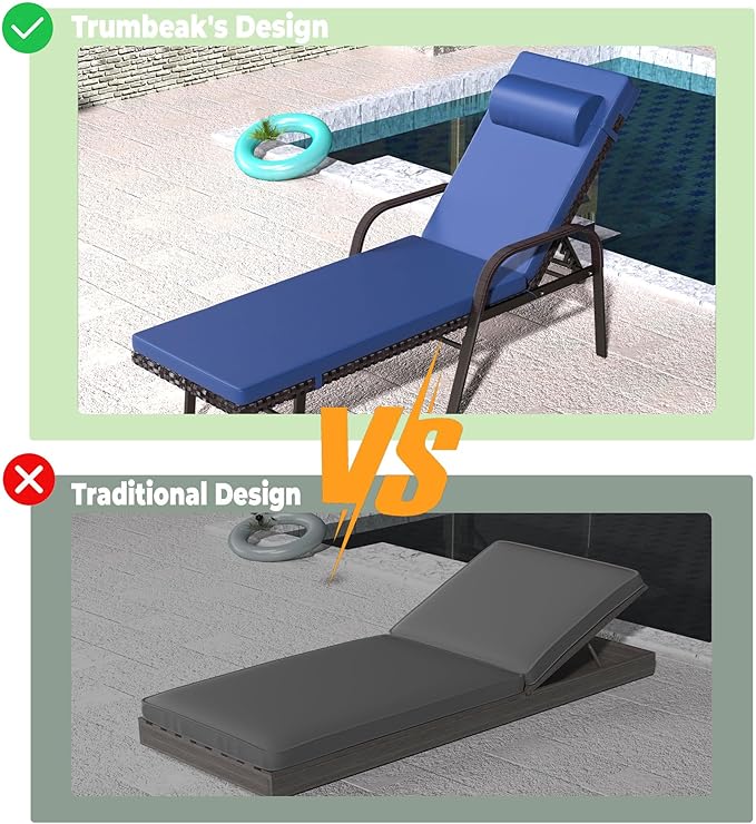 Trumbeak Patio Chaise Lounge Set 3 Pieces Pool Lounge Chairs,Cushioned Outdoor Folding Lounge Chair w/Arm and Rattan Adjustable Backrest for Poolside Porch,Folding Table Included,NavyBlue