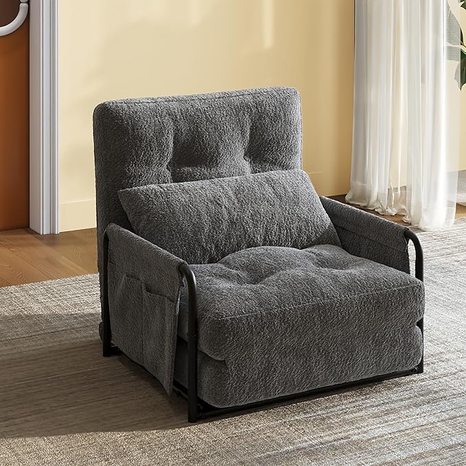 WLIVE Futon Sofa Bed Couch with Adjustable Backrest, Bean Bag Chairs for Adults, Floor Couch with Armrest, Pillow, Low Profile Floor Seating for Living Room, Reading, Bedroom, Single, Grey