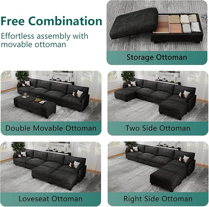 Modular Sectional U Shaped Sofa Couches for Living Room, Cloud Couch with Storage Ottoman, Comfy Chenille Sofa with Pillow, Black