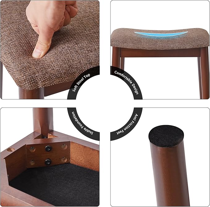 IBUYKE Saddle Cushion Vanity Stool Chair, Foot Rest Stool with Solid Wood Legs, Modern Vanity Bench Ottoman for Piano, Upholstered Seat for Bedroom, Entryway, Walnut Legs&Brown Linen WBD007HC