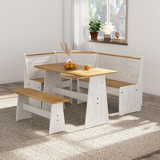 Breakfast Nook Dining Table Set – L-Shaped Kitchen Nook Booth with Bench Seating, Farmhouse Corner Dining Table for Small Spaces, White Wood Dining Room Nook Furniture