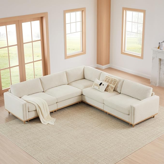 CHITA Super Large Luxury V Shape Corner Sectional Modular Sofa, Down Filled Modern Sofa, Deep Seat Comfty Cloud Couch, 114 inch Width, 5 Seat Couch with Chaise, Solid Wood Leg, Linen