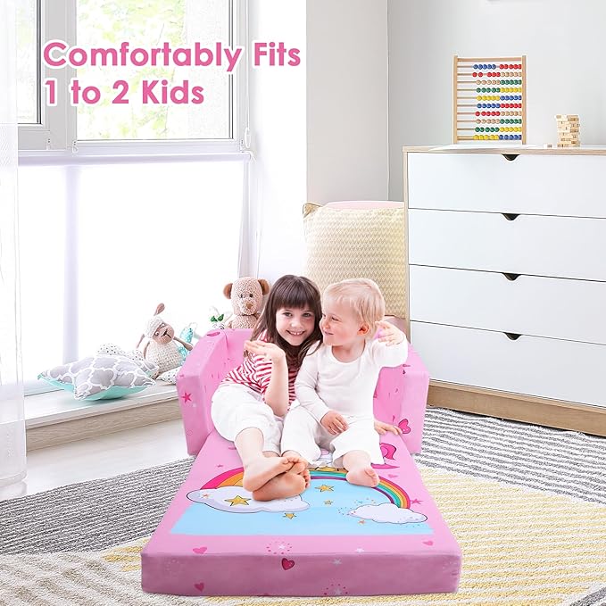 decalsweet Kids Couch Foldable Kids Sofa 2 in 1 Children Convertible Sofas to Lounger Fold Out Toddlers Sofa Bed for Playroom Bedroom Living Rooms Boys and Girls