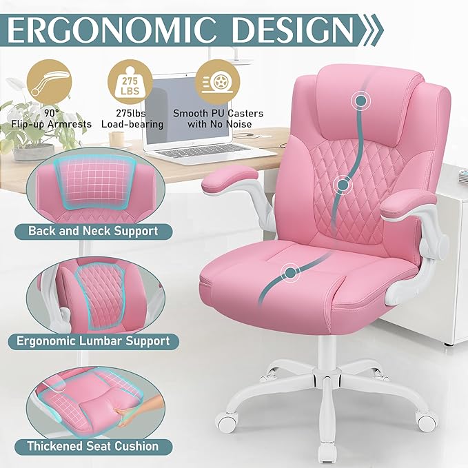 Leather Office Chair, PU Home Computer Desk Chairs with Ergonomic Back Support, 360°Swivel Free, Small Gaming Chair with Wheels and Adjustable Armrests, for Short People Use