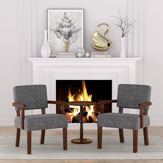 FAGAGA Accent Chair,Armchairs with Solid Wood Frame and Legs,Upholstered Reading Leisure Chair for Bedroom,Office,Waiting Room (Linen, Gray, One Chair)