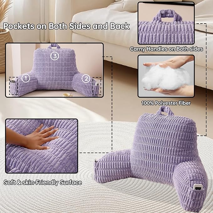 PAJEO Reading Pillow for Sitting in Bed, Large Backrest Reading Pillow with Arm Rest,Back-Rest Support Cushion for Sit Up on Couch, Sofa, and Floor (Light Purple Corduroy, Large(19"))