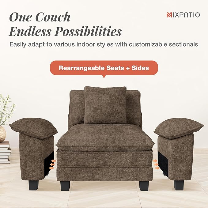 MIXPATIO U-Shaped Cloud Modular Sofa Set, Deep Seat 3-Piece 6-Seater Sectional Couch & Removable Arms, Plush Chenille for Living Room - Taupe
