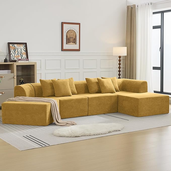 140''Oversized Cloud Velvet Curved Sectional Couch, Boneless Couch with L-Shape Chaise, Upholstered Compression Memory Foam Modular Sectional Sofa for Living Room, No Assembly Required, Yellow