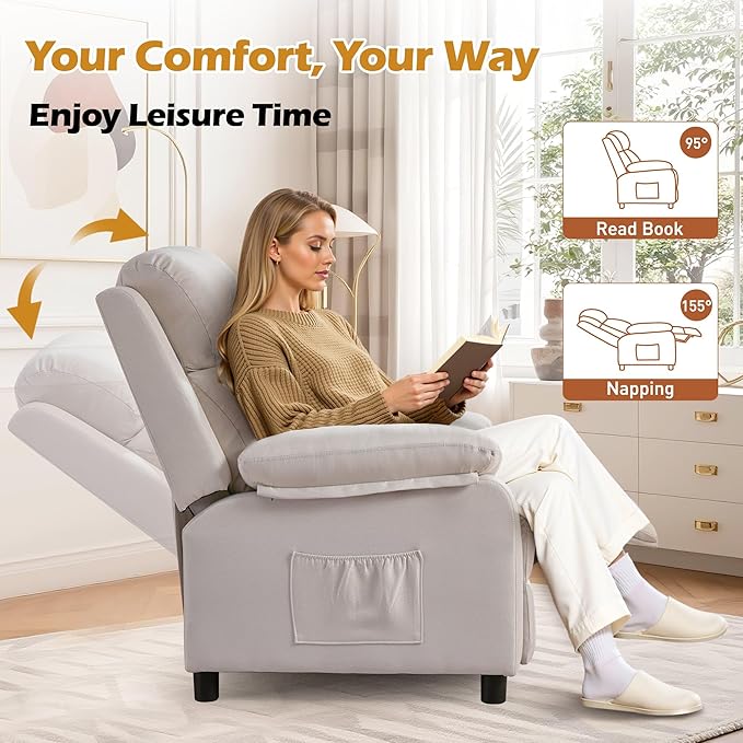 Recliner Chair, Living Room Chairs for Adults, Padded Deep Seat Reading Chair with Side Pockets, Small Recliners for Small Spaces, Lounge Chair for Living Room, Bedroom, and RV (Linen)