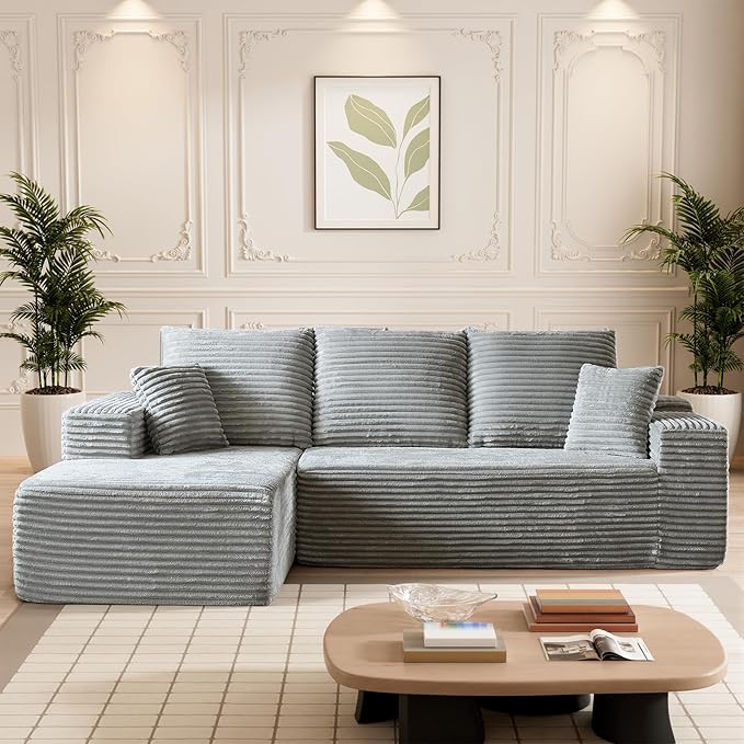 HYJT-H&K Modular Sectional Sofa Cloud Couch, 107" Comfy L Shaped Sectional Couches for Living Room, Deep Seat Memory Foam Plush Fluffy Corduroy Boneless Couch Sectionals Left Facing Sofa Chaise Grey
