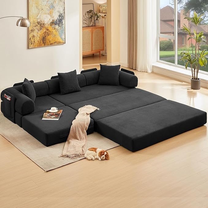 L Shaped Convertible Modular Sofa Bed with Cylindrical Pillow & Reversible Chaise, Corduroy Folding Floor Sofa Couch Bed with Fixed-Shape Frame & Storage Pocket for Living Room, Black