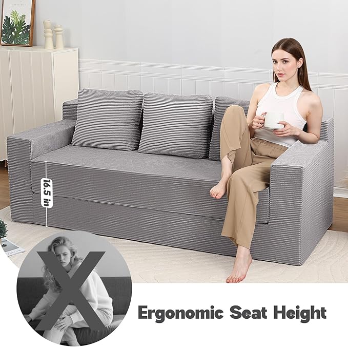 MeMoreCool Sleeper Sofa Bed – 3 Seater Convertible Floor Couch with Pillows, Grey Corduroy Foam Lounger, No Assembly Comfy Folding Futon | Space-Saving Foam Sofa for Small Rooms & Apartments