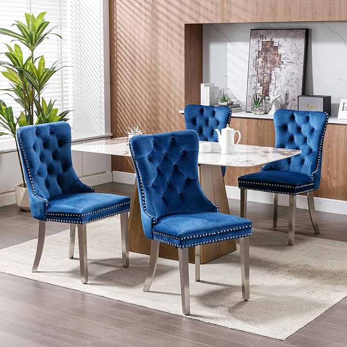 YeahFurn Mid Century Modern Dining Chairs Set of 2, Blue Velvet Upholstered Tufted Back, Kitchen & Dining Room Chairs, Brushed Silver Metal Legs, Nailhead Trim, Sillas para Comedor (Blue, 2 Pcs)
