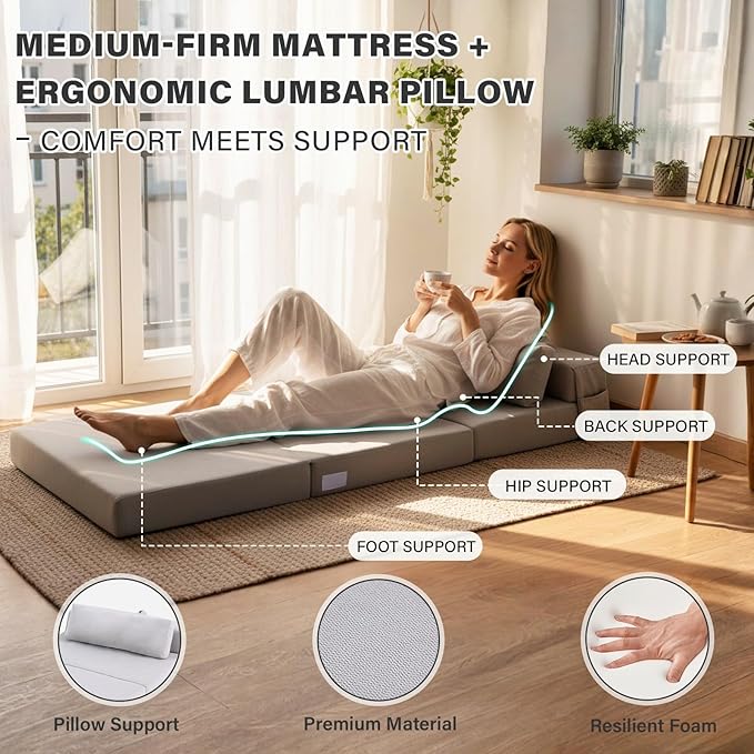 Tiita Folding Sofa Bed-Convertible Sleeper Chair with Storage Bag, Tri Foldable Mattress with Pillow, Portable Fold Out Chair Bed Floor Sofa for Living Room/Dorm/Guest Use/Travel, Single Size, Grey