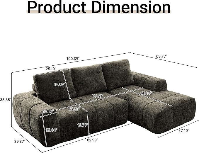 KEIKI Sectional Chenille Floor Sofa, Convertible L-Shaped Boneless Cloud Sleeper Couch with Chaise Lounge, Space Saving Modular Couches Bed for Living Room Bedroom, No Assembly Required, Ripe Olive