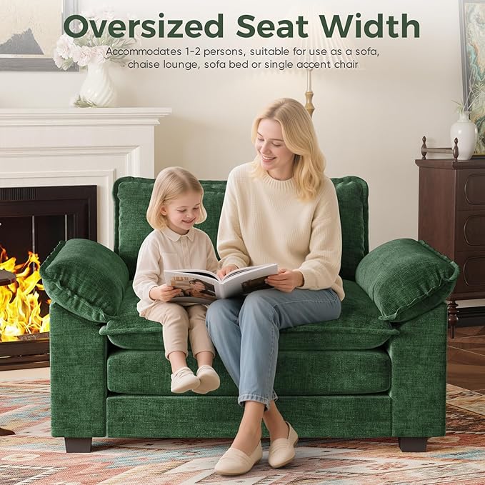 HUSFU 49.5'' W Oversized Accent Chair, Chenille Cloud Sofa Chair with Deep Seat and Extra Wide Armrests, Comfy Reading Armchair for Bedroom, Living Room, Green
