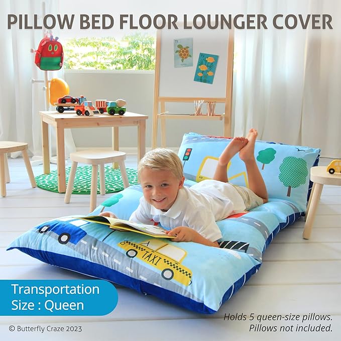 Butterfly Craze Floor Pillow Case - Versatile Lounge Seat & Floor Bed - Custom Support for Sleeping Pad & Guest Bed - Machine Washable Cover & Ground Cushions - Queen Size, Cars Blue